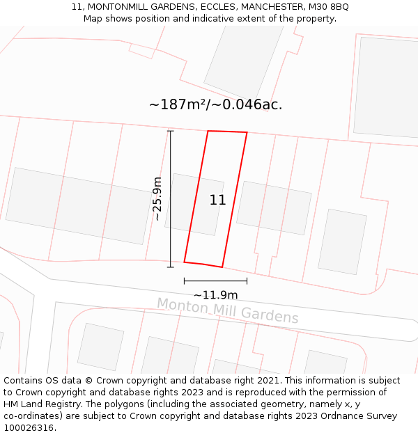 11, MONTONMILL GARDENS, ECCLES, MANCHESTER, M30 8BQ: Plot and title map