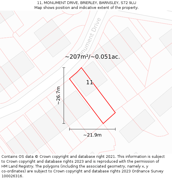 11, MONUMENT DRIVE, BRIERLEY, BARNSLEY, S72 9LU: Plot and title map