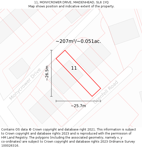 11, MONYCROWER DRIVE, MAIDENHEAD, SL6 1YQ: Plot and title map