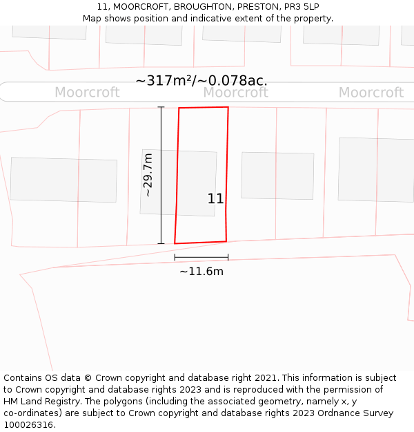 11, MOORCROFT, BROUGHTON, PRESTON, PR3 5LP: Plot and title map