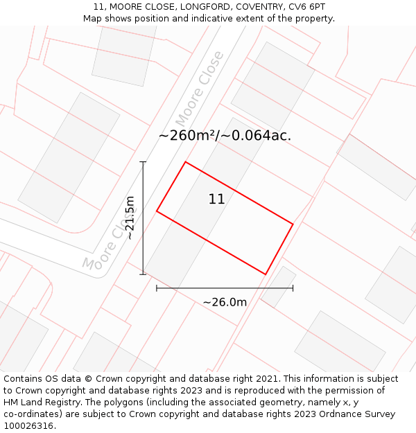 11, MOORE CLOSE, LONGFORD, COVENTRY, CV6 6PT: Plot and title map