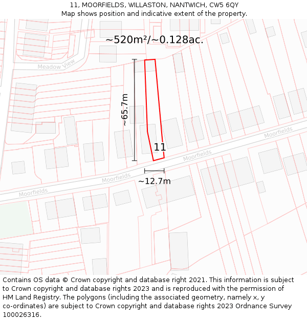 11, MOORFIELDS, WILLASTON, NANTWICH, CW5 6QY: Plot and title map