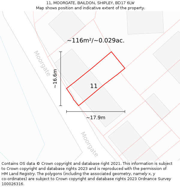 11, MOORGATE, BAILDON, SHIPLEY, BD17 6LW: Plot and title map