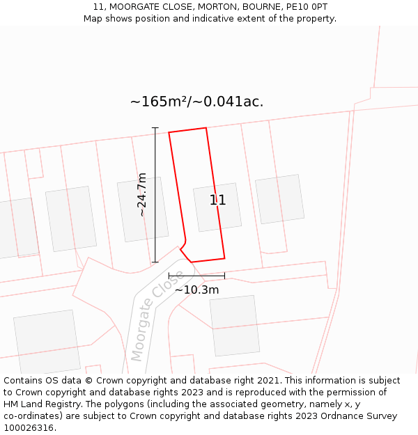 11, MOORGATE CLOSE, MORTON, BOURNE, PE10 0PT: Plot and title map