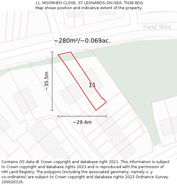 11, MOORHEN CLOSE, ST LEONARDS-ON-SEA, TN38 8DQ: Plot and title map