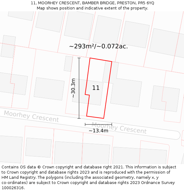 11, MOORHEY CRESCENT, BAMBER BRIDGE, PRESTON, PR5 6YQ: Plot and title map