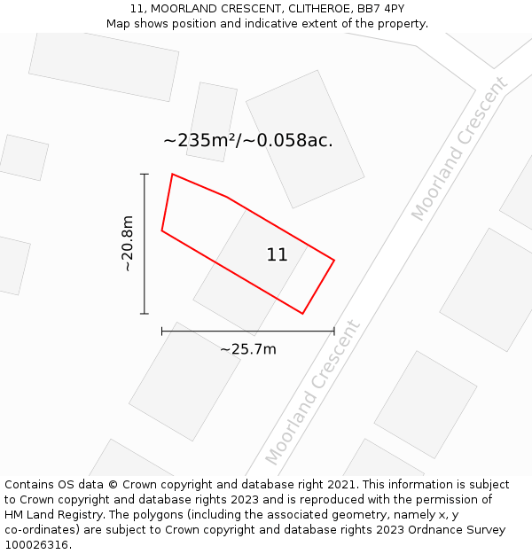 11, MOORLAND CRESCENT, CLITHEROE, BB7 4PY: Plot and title map