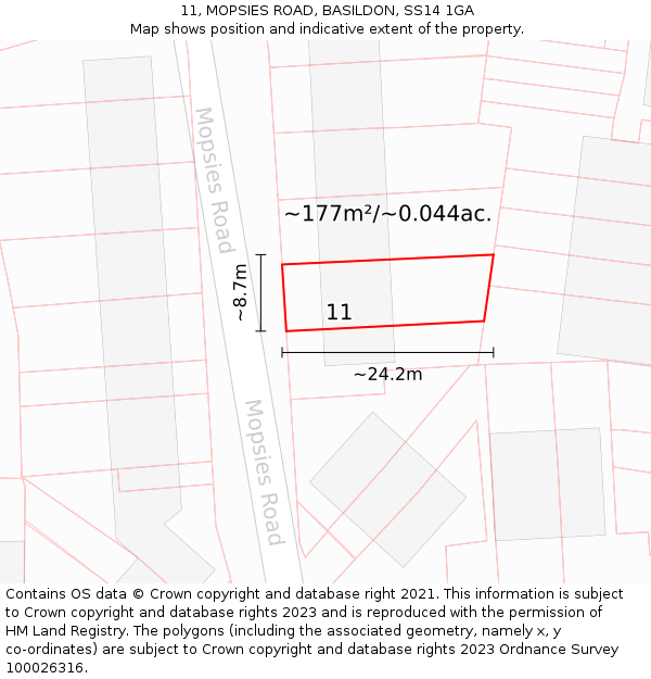 11, MOPSIES ROAD, BASILDON, SS14 1GA: Plot and title map