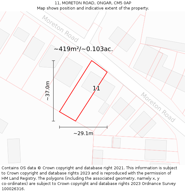 11, MORETON ROAD, ONGAR, CM5 0AP: Plot and title map