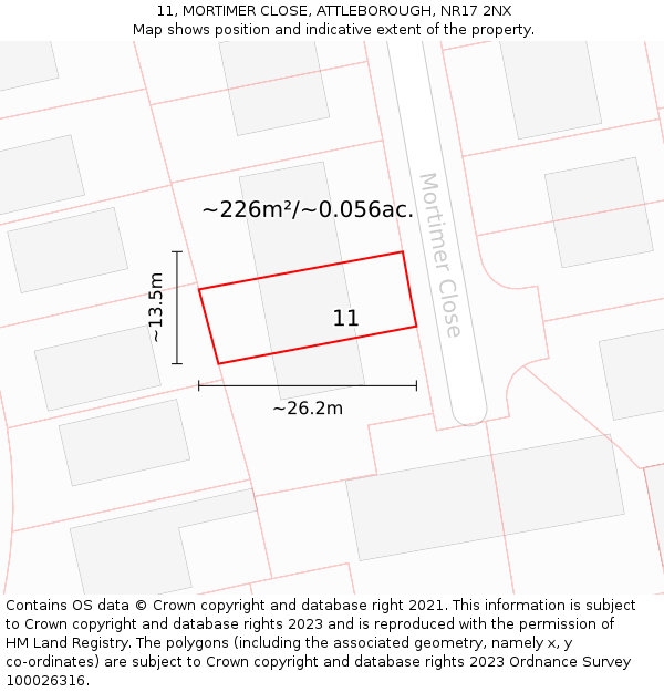 11, MORTIMER CLOSE, ATTLEBOROUGH, NR17 2NX: Plot and title map