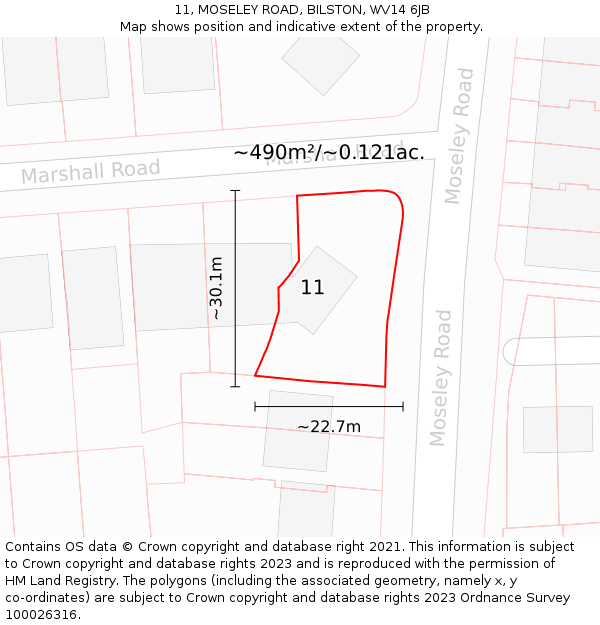 11, MOSELEY ROAD, BILSTON, WV14 6JB: Plot and title map