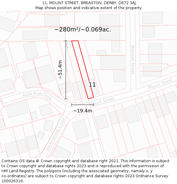 11, MOUNT STREET, BREASTON, DERBY, DE72 3AJ: Plot and title map