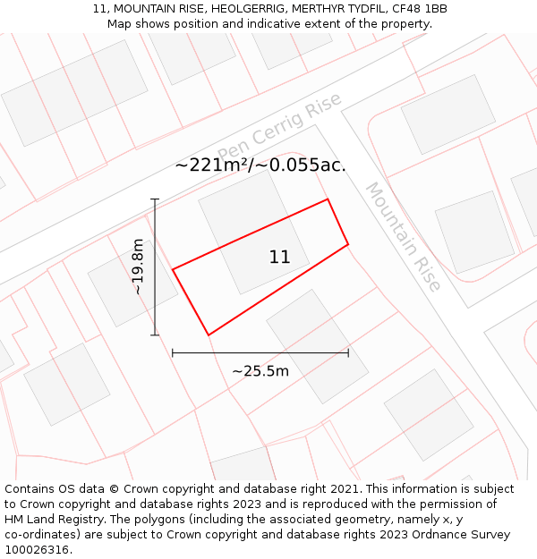 11, MOUNTAIN RISE, HEOLGERRIG, MERTHYR TYDFIL, CF48 1BB: Plot and title map