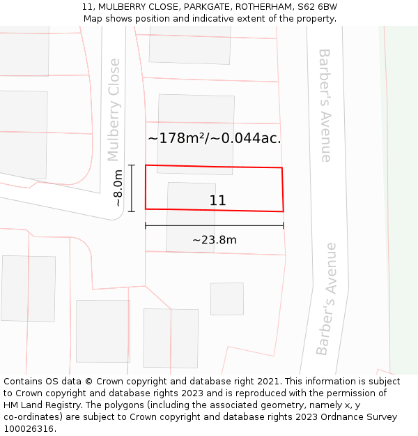 11, MULBERRY CLOSE, PARKGATE, ROTHERHAM, S62 6BW: Plot and title map