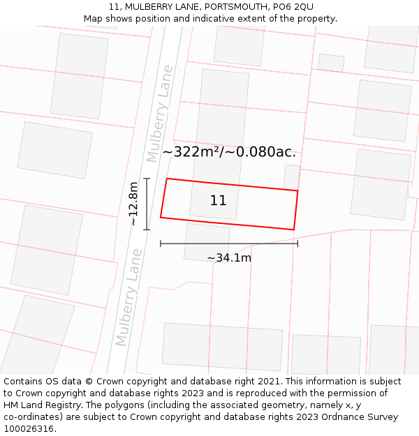 11, MULBERRY LANE, PORTSMOUTH, PO6 2QU: Plot and title map