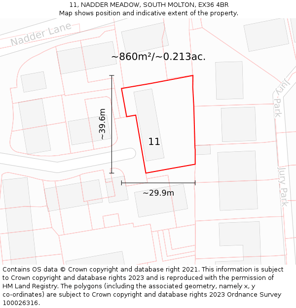 11, NADDER MEADOW, SOUTH MOLTON, EX36 4BR: Plot and title map