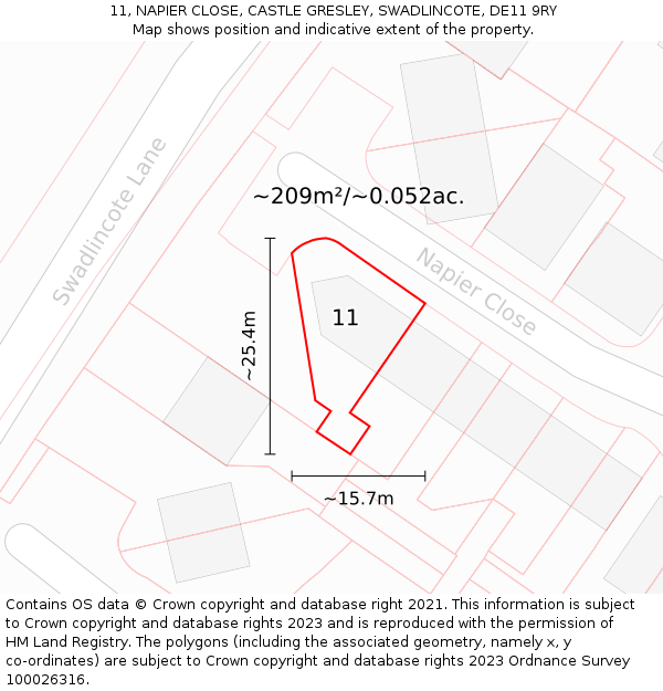 11, NAPIER CLOSE, CASTLE GRESLEY, SWADLINCOTE, DE11 9RY: Plot and title map
