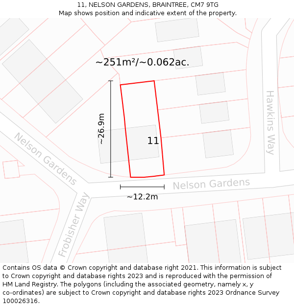 11, NELSON GARDENS, BRAINTREE, CM7 9TG: Plot and title map