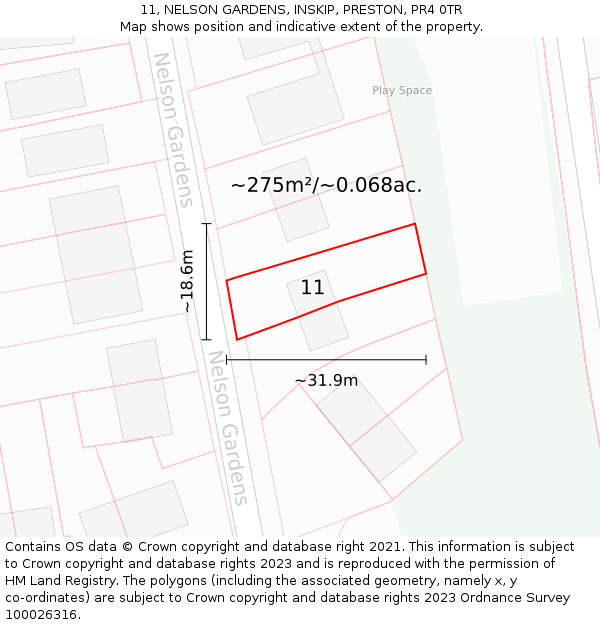 11, NELSON GARDENS, INSKIP, PRESTON, PR4 0TR: Plot and title map