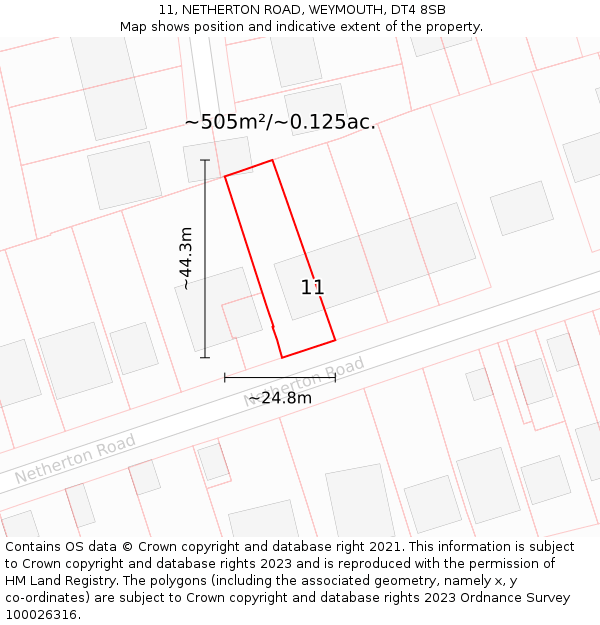 11, NETHERTON ROAD, WEYMOUTH, DT4 8SB: Plot and title map