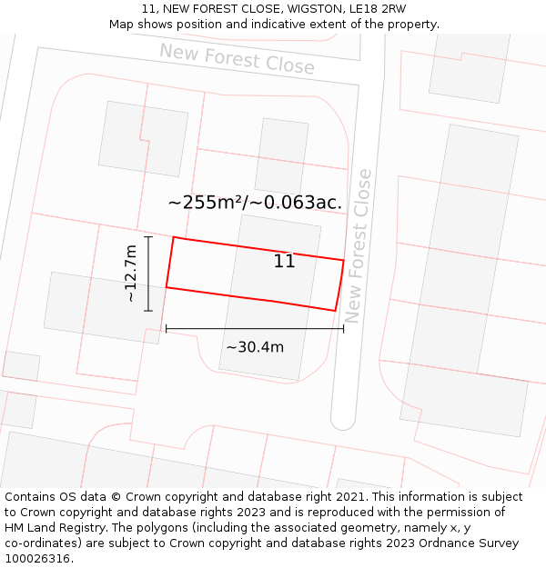 11, NEW FOREST CLOSE, WIGSTON, LE18 2RW: Plot and title map