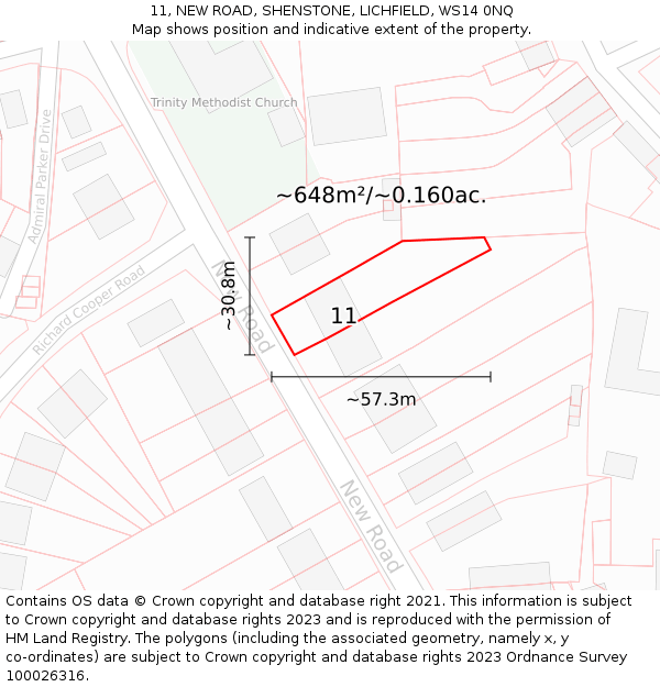 11, NEW ROAD, SHENSTONE, LICHFIELD, WS14 0NQ: Plot and title map