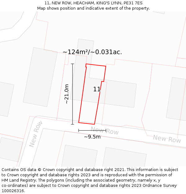 11, NEW ROW, HEACHAM, KING'S LYNN, PE31 7ES: Plot and title map