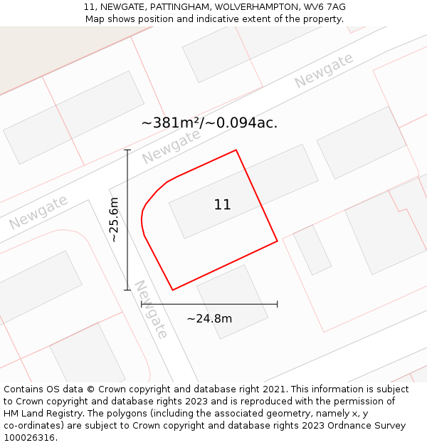 11, NEWGATE, PATTINGHAM, WOLVERHAMPTON, WV6 7AG: Plot and title map