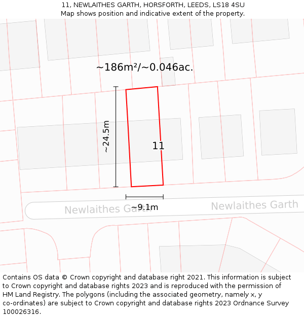 11, NEWLAITHES GARTH, HORSFORTH, LEEDS, LS18 4SU: Plot and title map