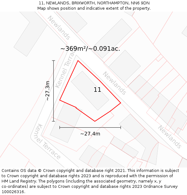 11, NEWLANDS, BRIXWORTH, NORTHAMPTON, NN6 9DN: Plot and title map