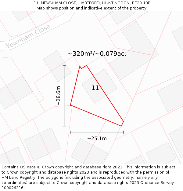 11, NEWNHAM CLOSE, HARTFORD, HUNTINGDON, PE29 1RP: Plot and title map