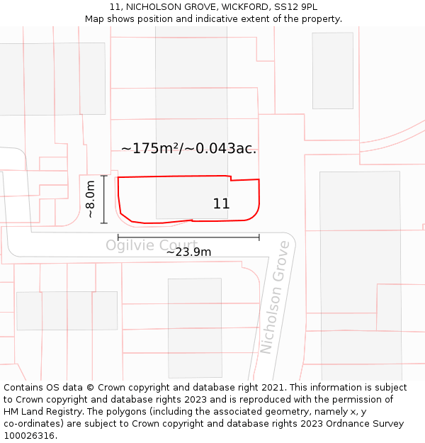 11, NICHOLSON GROVE, WICKFORD, SS12 9PL: Plot and title map