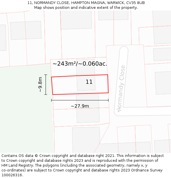 11, NORMANDY CLOSE, HAMPTON MAGNA, WARWICK, CV35 8UB: Plot and title map