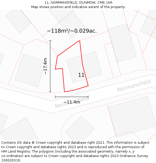 11, NORMANSFIELD, DUNMOW, CM6 1XA: Plot and title map