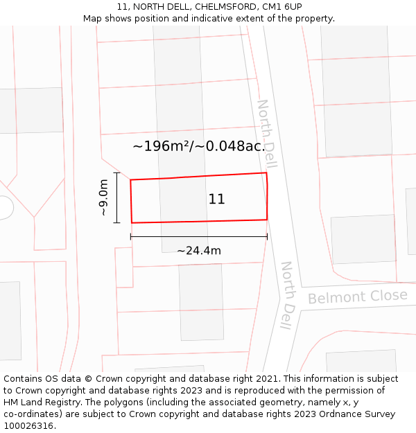 11, NORTH DELL, CHELMSFORD, CM1 6UP: Plot and title map