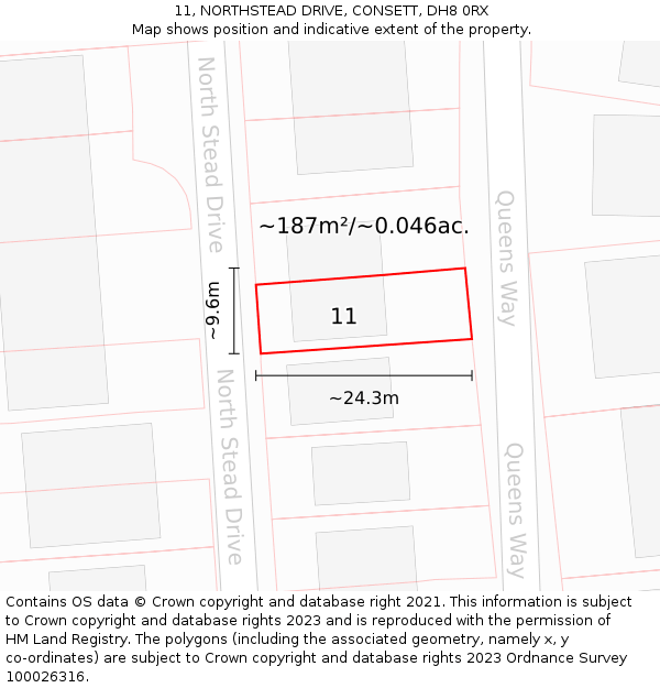 11, NORTHSTEAD DRIVE, CONSETT, DH8 0RX: Plot and title map