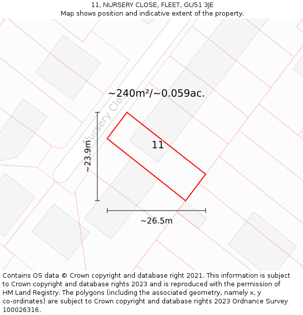 11, NURSERY CLOSE, FLEET, GU51 3JE: Plot and title map