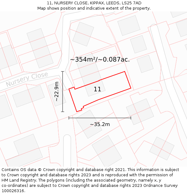 11, NURSERY CLOSE, KIPPAX, LEEDS, LS25 7AD: Plot and title map