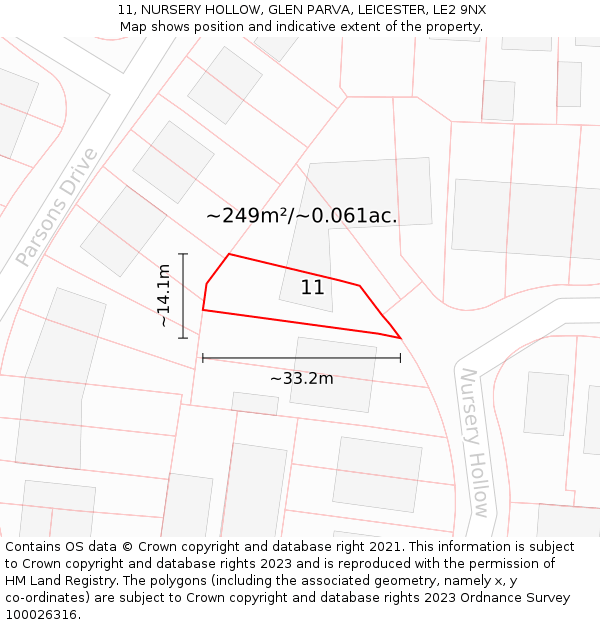 11, NURSERY HOLLOW, GLEN PARVA, LEICESTER, LE2 9NX: Plot and title map