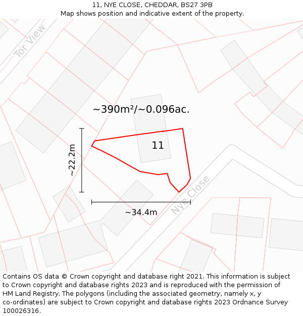11, NYE CLOSE, CHEDDAR, BS27 3PB: Plot and title map
