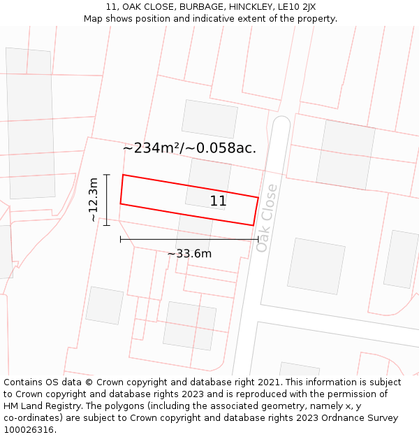 11, OAK CLOSE, BURBAGE, HINCKLEY, LE10 2JX: Plot and title map