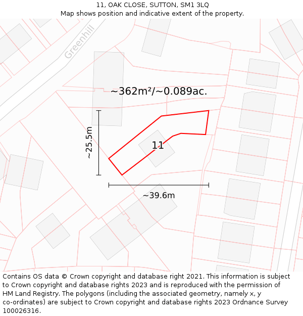 11, OAK CLOSE, SUTTON, SM1 3LQ: Plot and title map