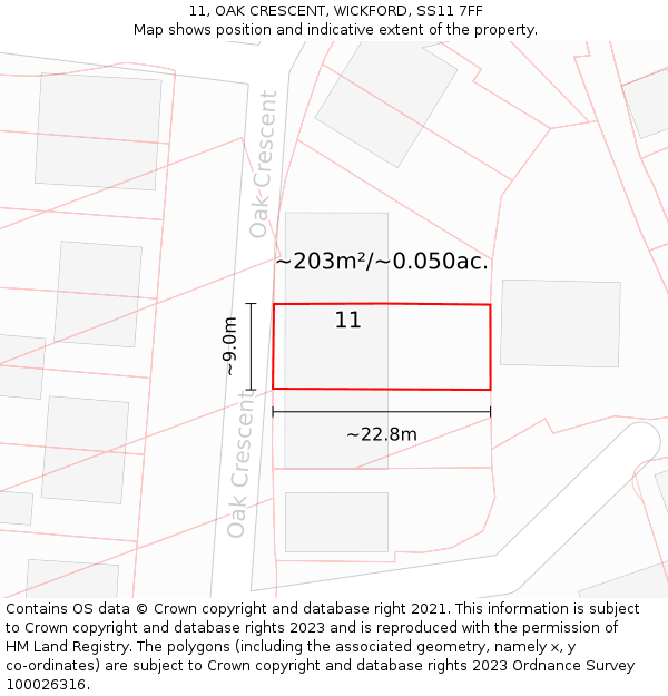 11, OAK CRESCENT, WICKFORD, SS11 7FF: Plot and title map