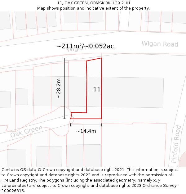 11, OAK GREEN, ORMSKIRK, L39 2HH: Plot and title map