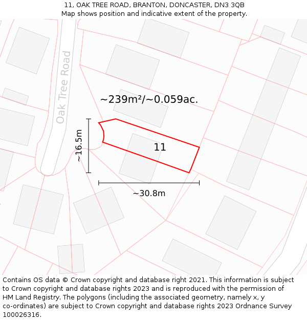 11, OAK TREE ROAD, BRANTON, DONCASTER, DN3 3QB: Plot and title map