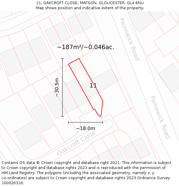 11, OAKCROFT CLOSE, MATSON, GLOUCESTER, GL4 6NU: Plot and title map