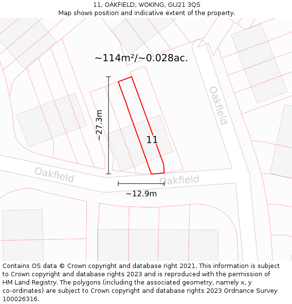 11, OAKFIELD, WOKING, GU21 3QS: Plot and title map