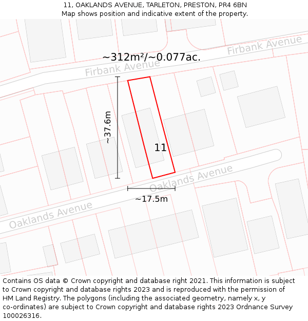 11, OAKLANDS AVENUE, TARLETON, PRESTON, PR4 6BN: Plot and title map