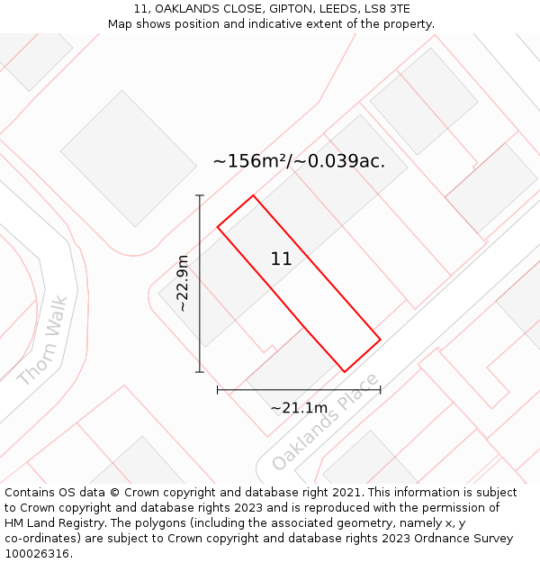 11, OAKLANDS CLOSE, GIPTON, LEEDS, LS8 3TE: Plot and title map