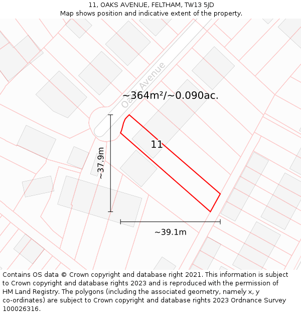 11, OAKS AVENUE, FELTHAM, TW13 5JD: Plot and title map